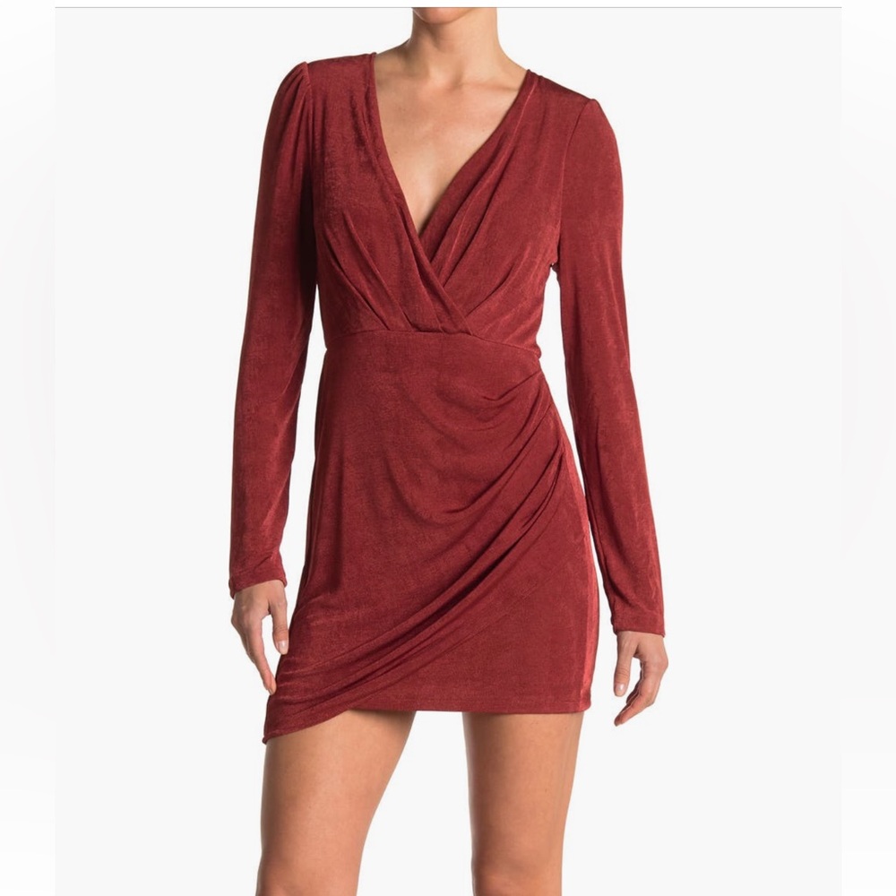 one one six surplice burnt orange long sleeve mini dress